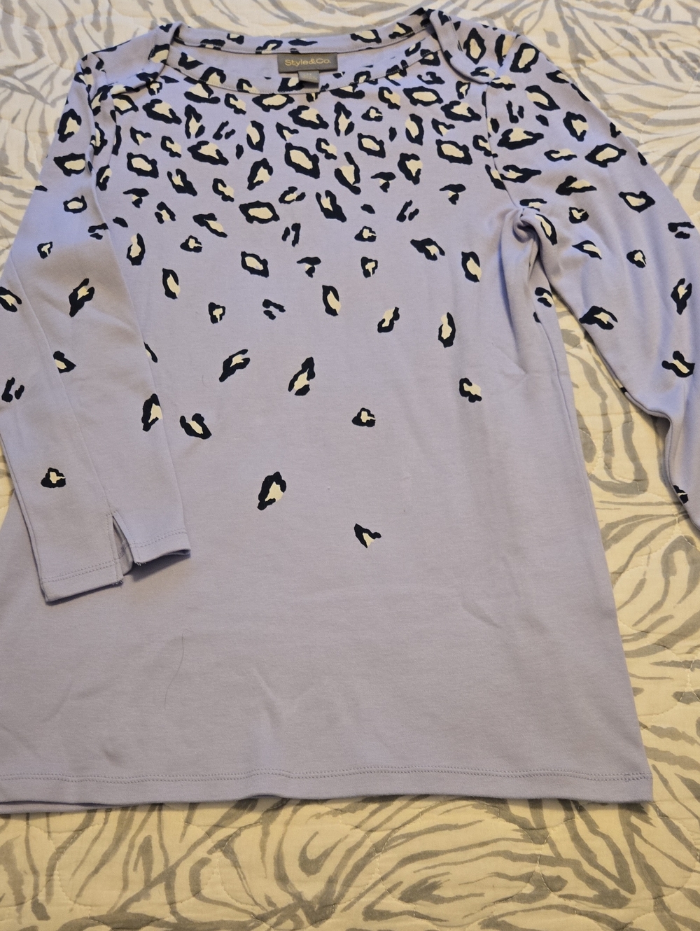 Style & Co. Lavender Crewneck Sweater 3/4  with Black and Cream Leopard Print XS